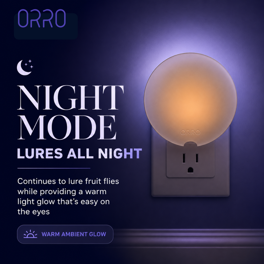 ORRO Indoor Fruit Fly & Gnat Trap, Plug-In Flying Insect Light with Tri-Spectrum LEDs, Automatic Night Mode, Hidden Sticky Cartridge, Warm Night Light, 6 Refills, White